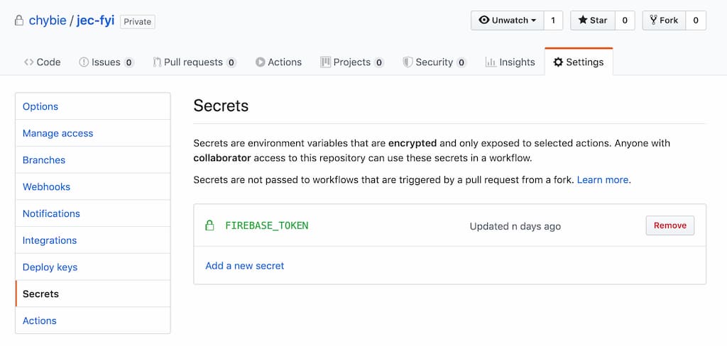 Add a new secret in GitHub repo > Settings > Secrets
